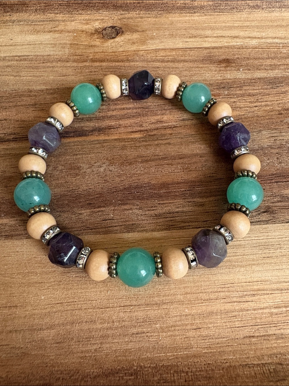 Handmade Beaded Stretch Bracelet w/ Amethyst and Green Aventurine